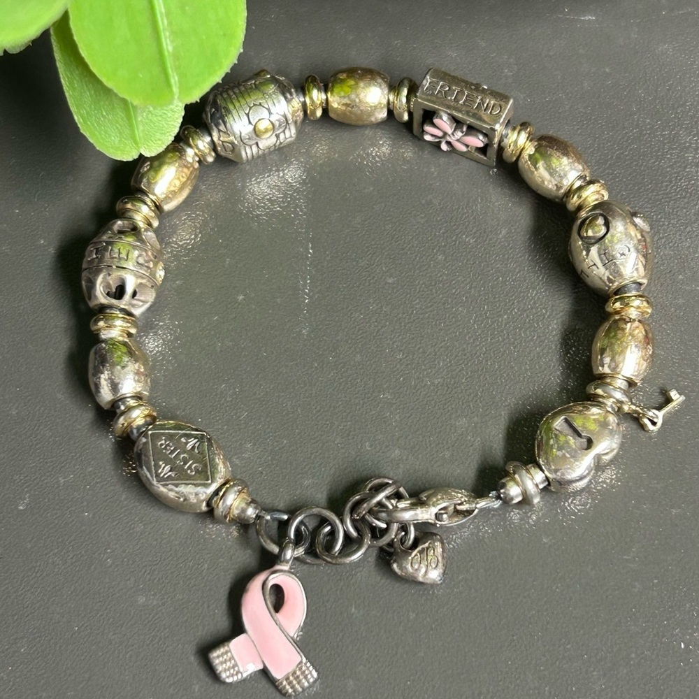 Retired Signed Brighton Silverplated Breast Cancer Awareness Adj Charm Bracelet